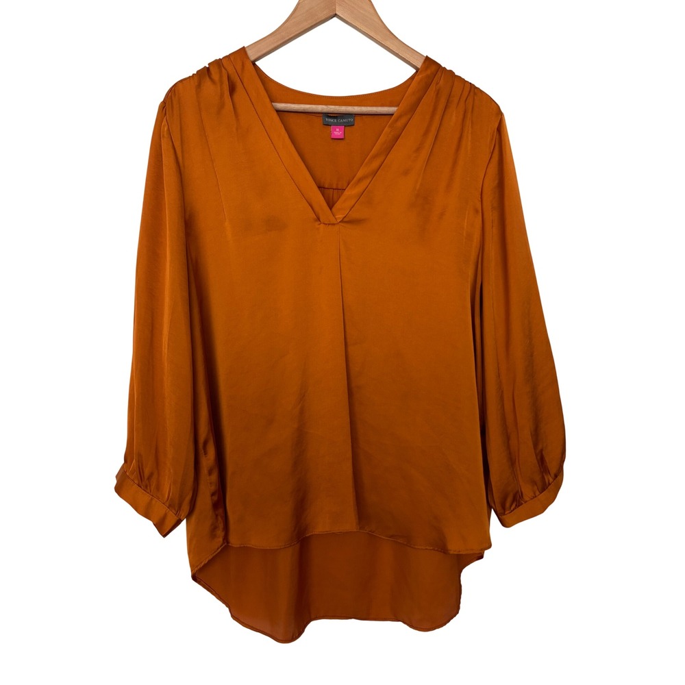 Vince Camuto Burnt Orange Rust Autumnal Satin V-Neck Blouse Pleated Shoulder XL